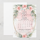 Grappige boho stoffige roze rozen en eucalyptus save the date (Voorkant / Achterkant)