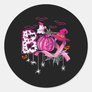 Grappige Boo Pompoen Witch Roze Lint Borstkanker Ronde Sticker