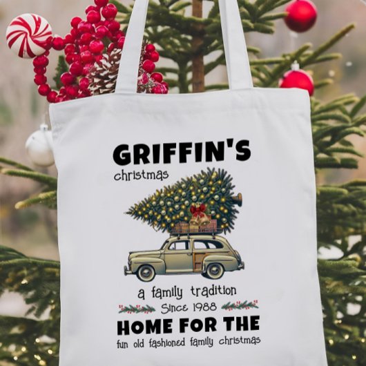 Grappige boom op auto Familienaam Kerstmis Tote Bag