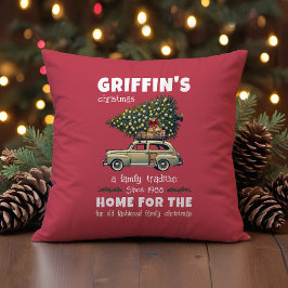 Grappige boom op auto rood familie kerst kussen