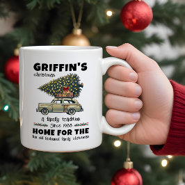 Grappige boom op de auto Familie Kerstmis Tweekleurige Koffiemok