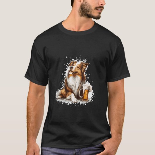 Grappige Border Collie-hond die bier drinkt T-shirt (Voorkant)