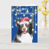 Grappige border collie in lichtjes met rode kerstm kaart (Gele Bloem)