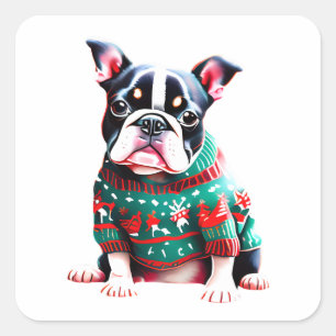 Grappige Boston Terrier in Kersttrui Vierkante Sticker
