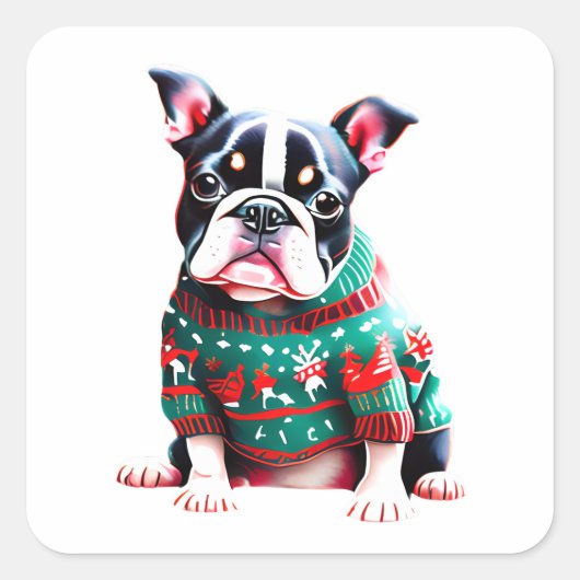 Grappige Boston Terrier in Kersttrui Vierkante Sticker (Voorkant)