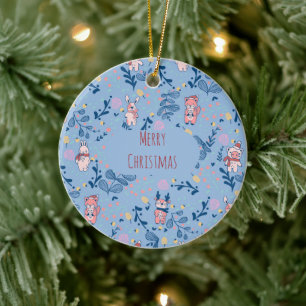Grappige bosvrienden  Blauwe winterbospatroon Keramisch Ornament