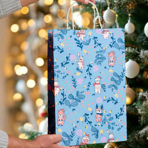 Grappige bosvrienden Blauwe winterbospatroon Medium Cadeauzakje