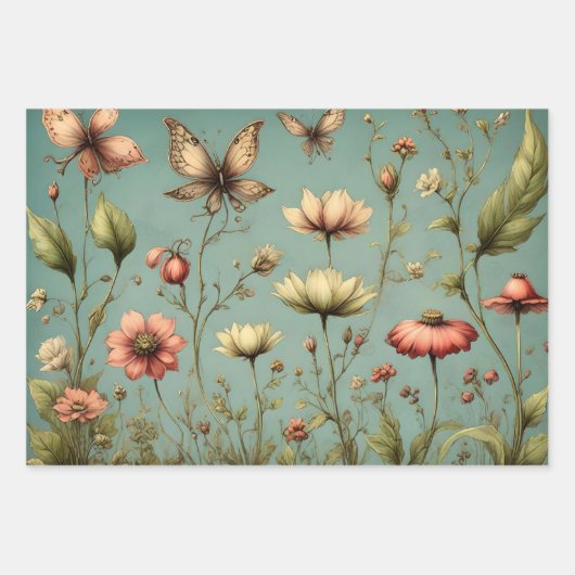 Grappige  botanische bloemenschetsen inpakpapier vel (Voorkant 2)