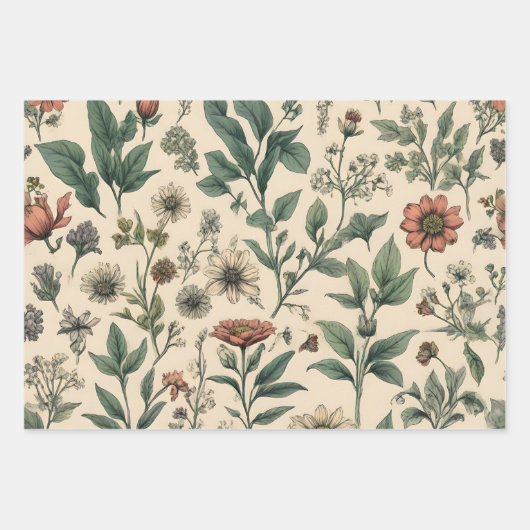 Grappige  botanische bloemenschetsen inpakpapier vel (Voorkant)