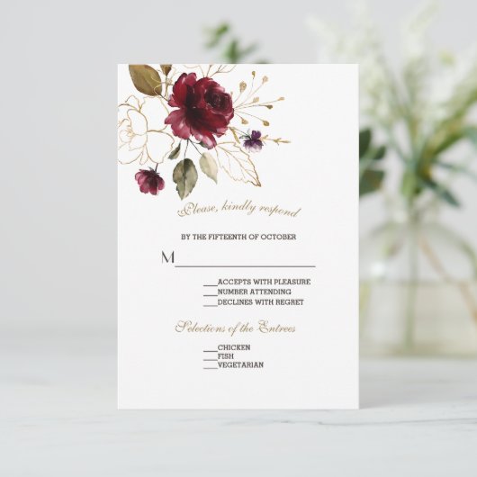 Grappige Bourgondische gouden bloemen bruiloft RSV RSVP Kaartje (Staand voorkant)