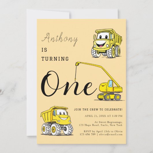 Grappige bouwtrucks 1e verjaardag kaart (Voorkant)