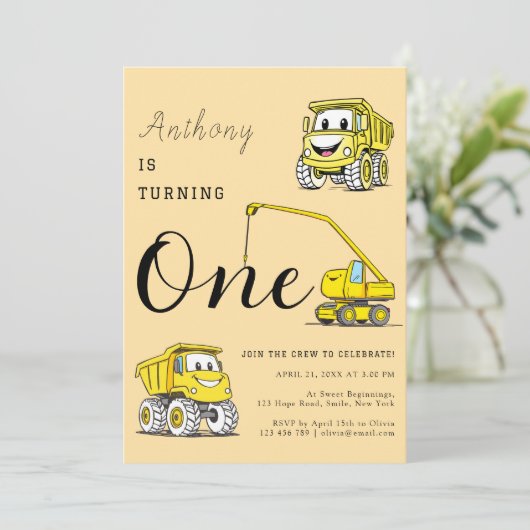 Grappige bouwtrucks 1e verjaardag kaart (Staand voorkant)