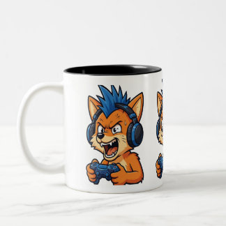 Grappige Boze Gamer Vos met Hoofdtelefoon Koffiemo Tweekleurige Koffiemok