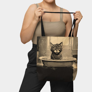 Grappige boze kat in de badkuip zwart bruin tote bag