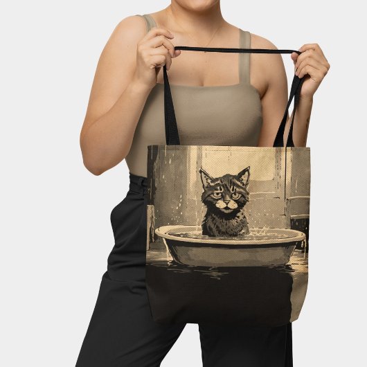 Grappige boze kat in de badkuip zwart bruin tote bag