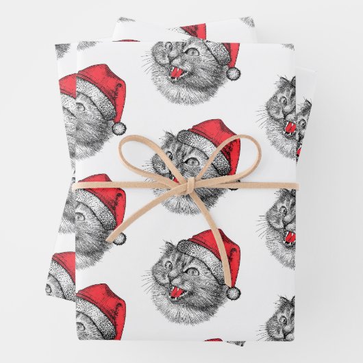 Grappige Boze Kerstman Hoed Kat Inpakpapier Vel (In situ)