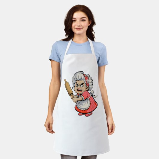 Grappige Boze Oude Dame met Rolpen Cartoon Kunst Schort (Gedragen)