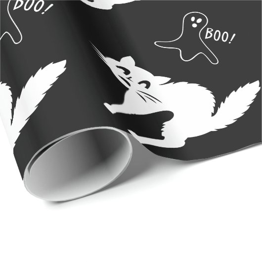 Grappige boze witte kat en spookachtige geest plez cadeaupapier (Rol Hoek)