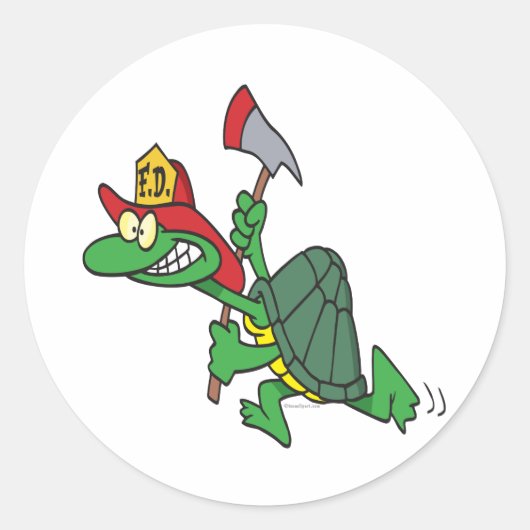 grappige brandweerschildpad-cartoon ronde sticker (Voorkant)