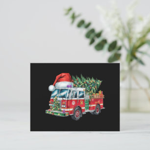 Grappige brandweerwagen Kerstman hoed Kerstboom Li Feestdagenkaart