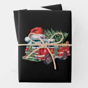 Grappige brandweerwagen Kerstman hoed Kerstboom Li Inpakpapier Vel