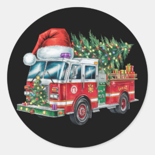 Grappige brandweerwagen Kerstman hoed Kerstboom Li Ronde Sticker
