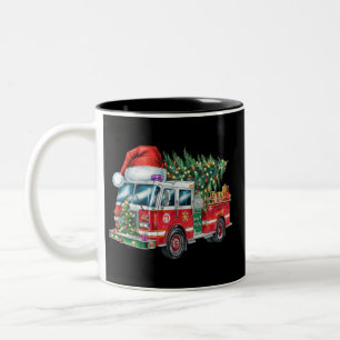 Grappige brandweerwagen Kerstman hoed Kerstboom Li Tweekleurige Koffiemok