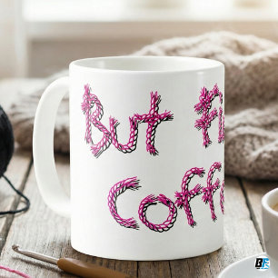 Grappige Brei Haken "Maar Eerst Koffie" Roze Garen Koffiemok