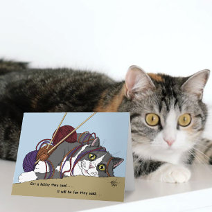 Grappige Breiende Kat In De War Yarn Hobby Humor Kaart