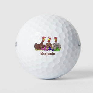 Grappige breiende kippen cartoonillustratie golfballen