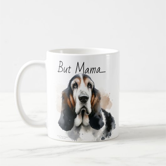Grappige Browns & White 'Maar Mama.' Basset Hound Koffiemok (Links)