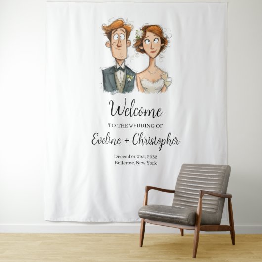 Grappige bruid en bruidegom bruiloft achtergrond W Wandkleed (In situ)