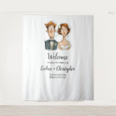 Grappige bruid en bruidegom bruiloft achtergrond W Wandkleed (Voorkant)