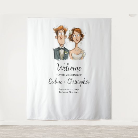 Grappige bruid en bruidegom bruiloft achtergrond W Wandkleed (Voorkant)