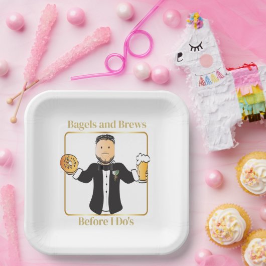 Grappige bruidegom Cartoon Bagel bruiloft brunch Papieren Bordje (Feest)