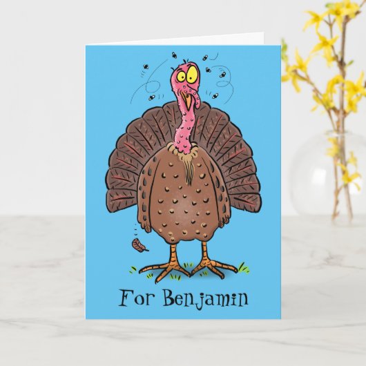 Grappige bruine boerderijkalkoen met vliegen carto kaart (Gele Bloem)