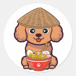 Grappige bruine hond eet noedels ronde sticker