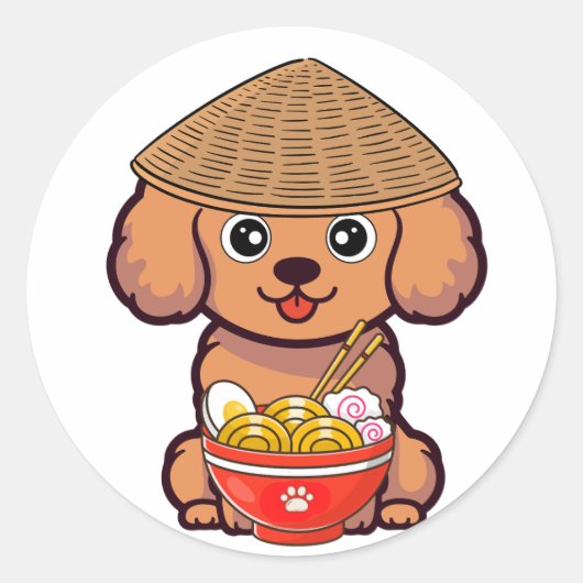 Grappige bruine hond eet noedels ronde sticker (Voorkant)