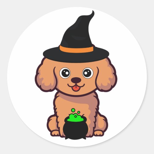 Grappige bruine hond is een heks ronde sticker (Voorkant)