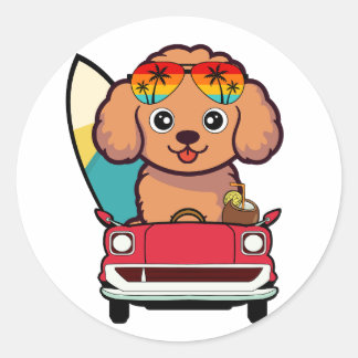 Grappige Bruine Hond rijdt naar het strand Ronde Sticker