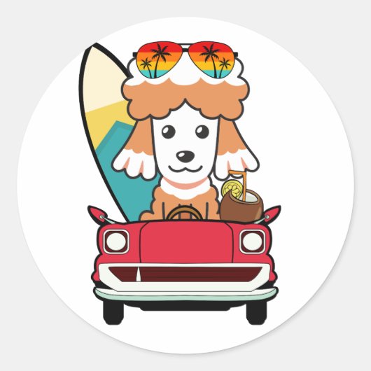Grappige Bruine Hond rijdt naar het strand Ronde Sticker (Voorkant)