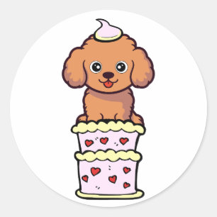 Grappige bruine hond springen uit een taart ronde sticker