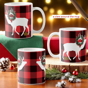 Grappige Buffalo Plaid Elk Pooh en Silhouette Kran Koffiemok