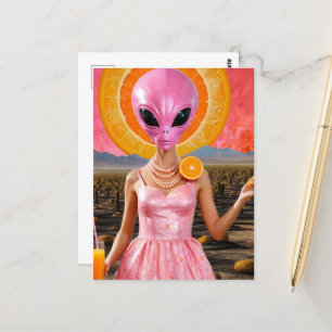 Grappige buitenaardse dame in roze briefkaart