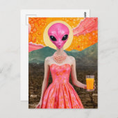 Grappige buitenaardse dame in roze met Oranje sap Briefkaart (Voorkant / Achterkant)