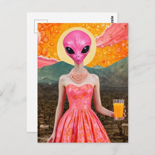 Grappige buitenaardse dame in roze met Oranje sap Briefkaart (Voorkant / Achterkant)