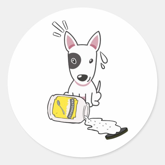 Grappige bull terrier hond gemorste mayonaise ronde sticker (Voorkant)
