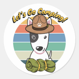 Grappige bull terrier hond wil gaan kamperen ronde sticker