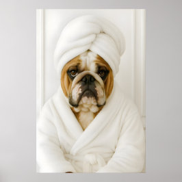 Grappige Bulldog Badkamer Print, Bulldog In Badjas Poster