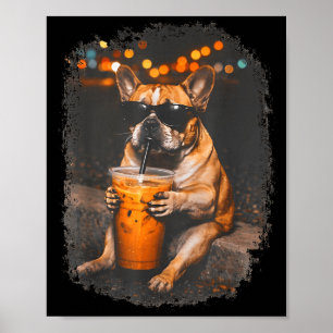 Grappige bulldog die ijskoude koffie drinkt dier m poster